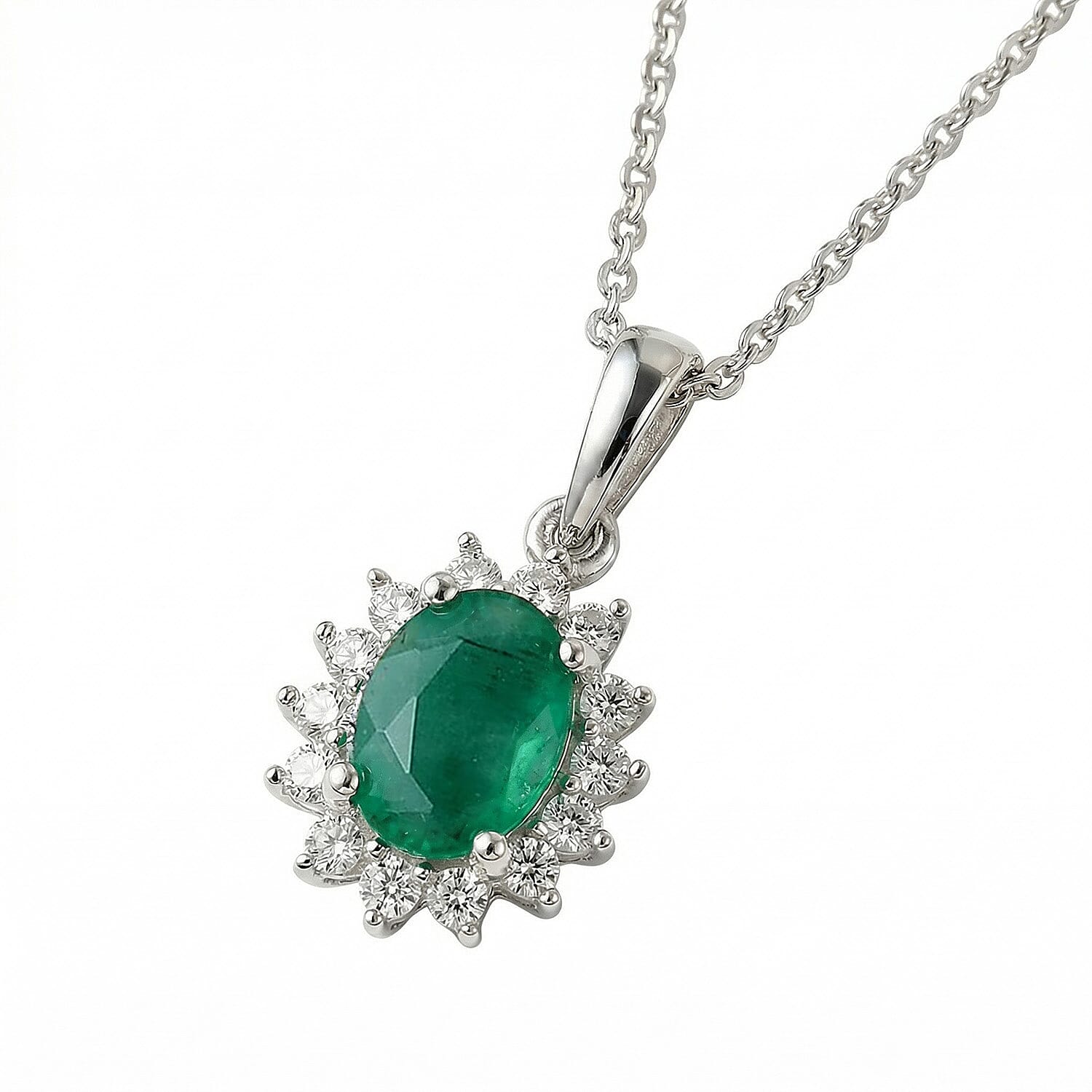 Socoto Emerald and Natural Zircon Halo Pendant with Chain (Size 20) in Platinum Overlay Sterling Silver 1.05 Ct
