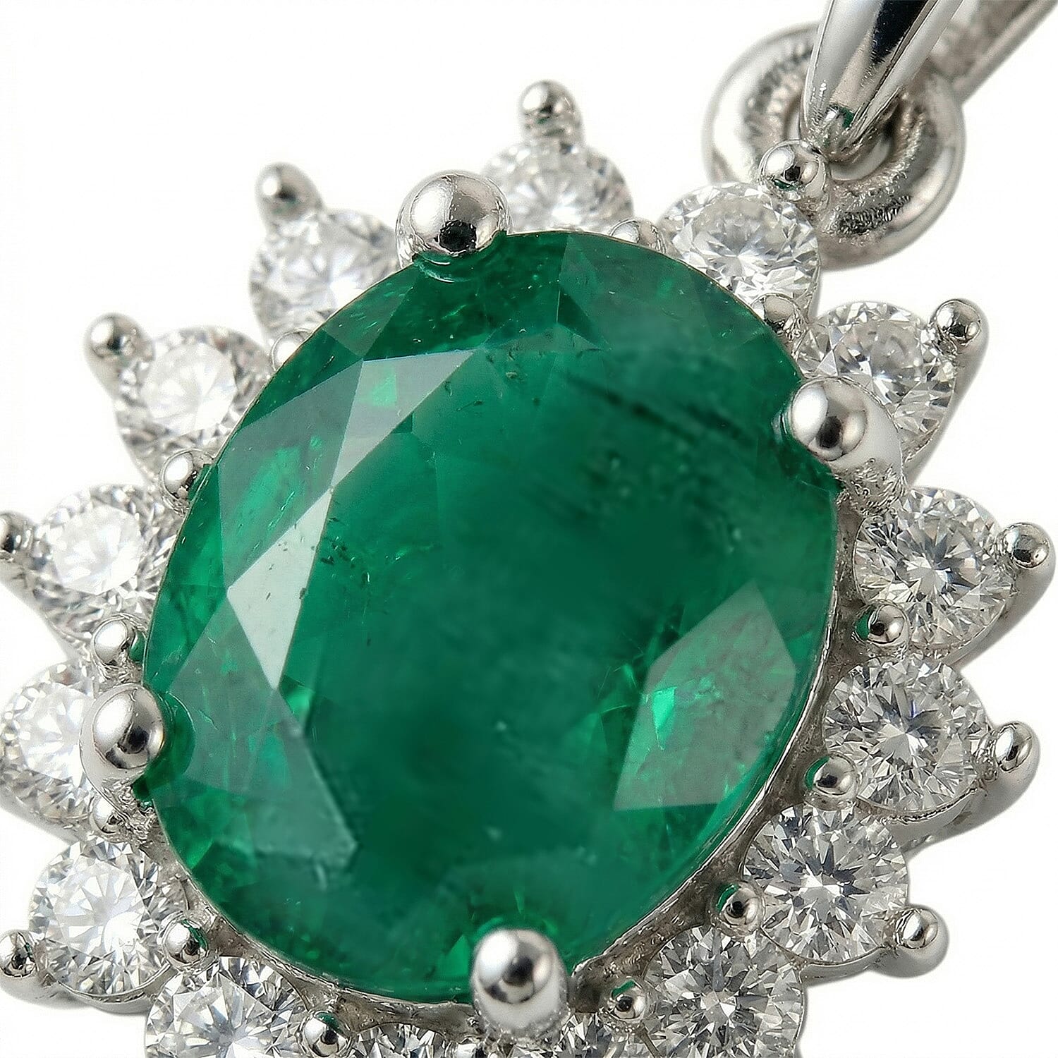 Socoto Emerald and Natural Zircon Halo Pendant with Chain (Size 20) in Platinum Overlay Sterling Silver 1.05 Ct