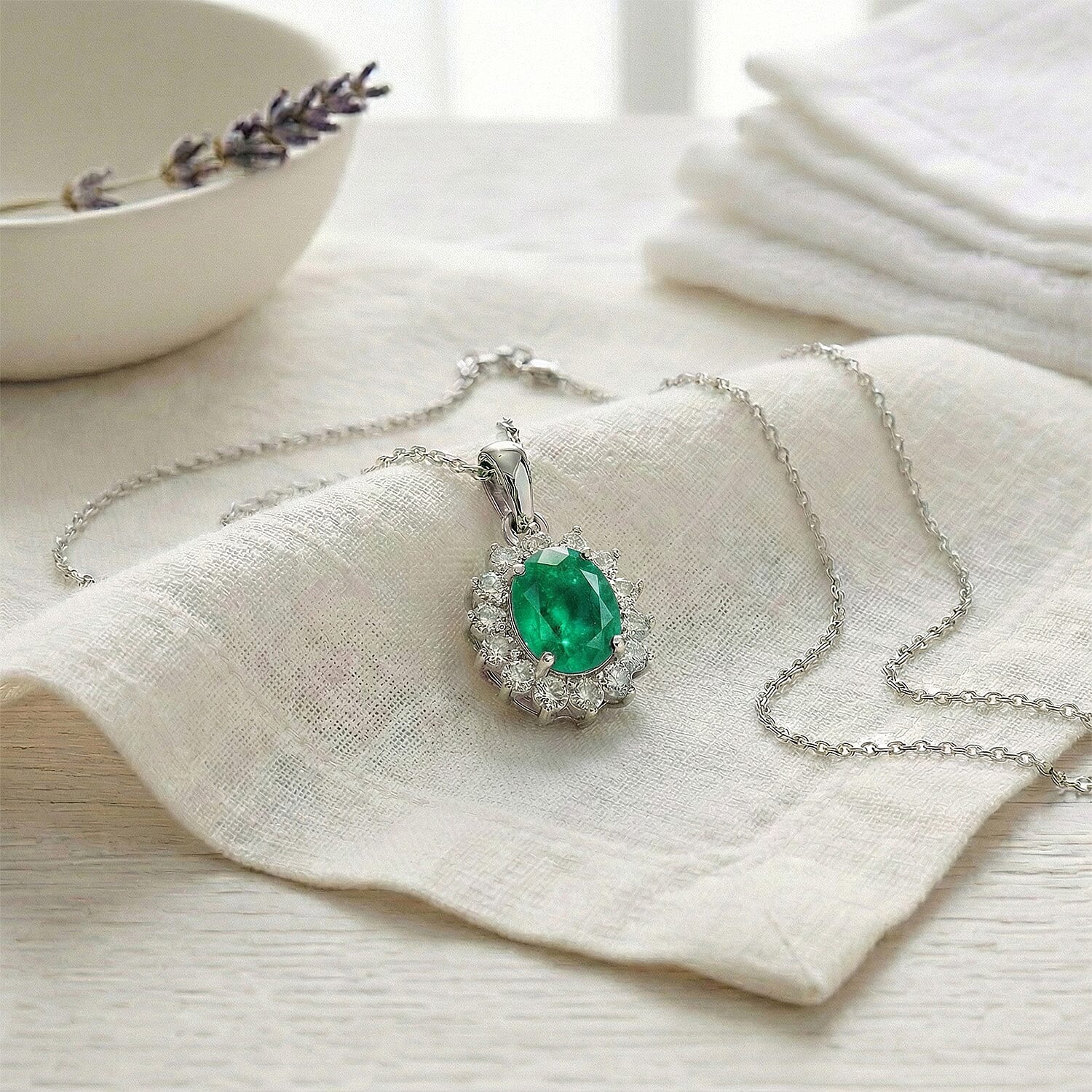 Socoto Emerald and Natural Zircon Halo Pendant with Chain (Size 20) in Platinum Overlay Sterling Silver 1.05 Ct