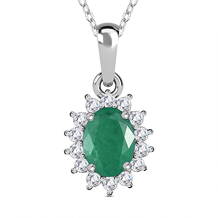 Socoto Emerald and Natural Zircon Halo Pendant with Chain (Size 20) in Platinum Overlay Sterling Silver 1.05 Ct