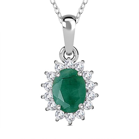 Socoto Emerald May Birthstone and Natural Zircon Halo Pendant with Chain (Size 20) in Platinum Overlay Sterling Silver