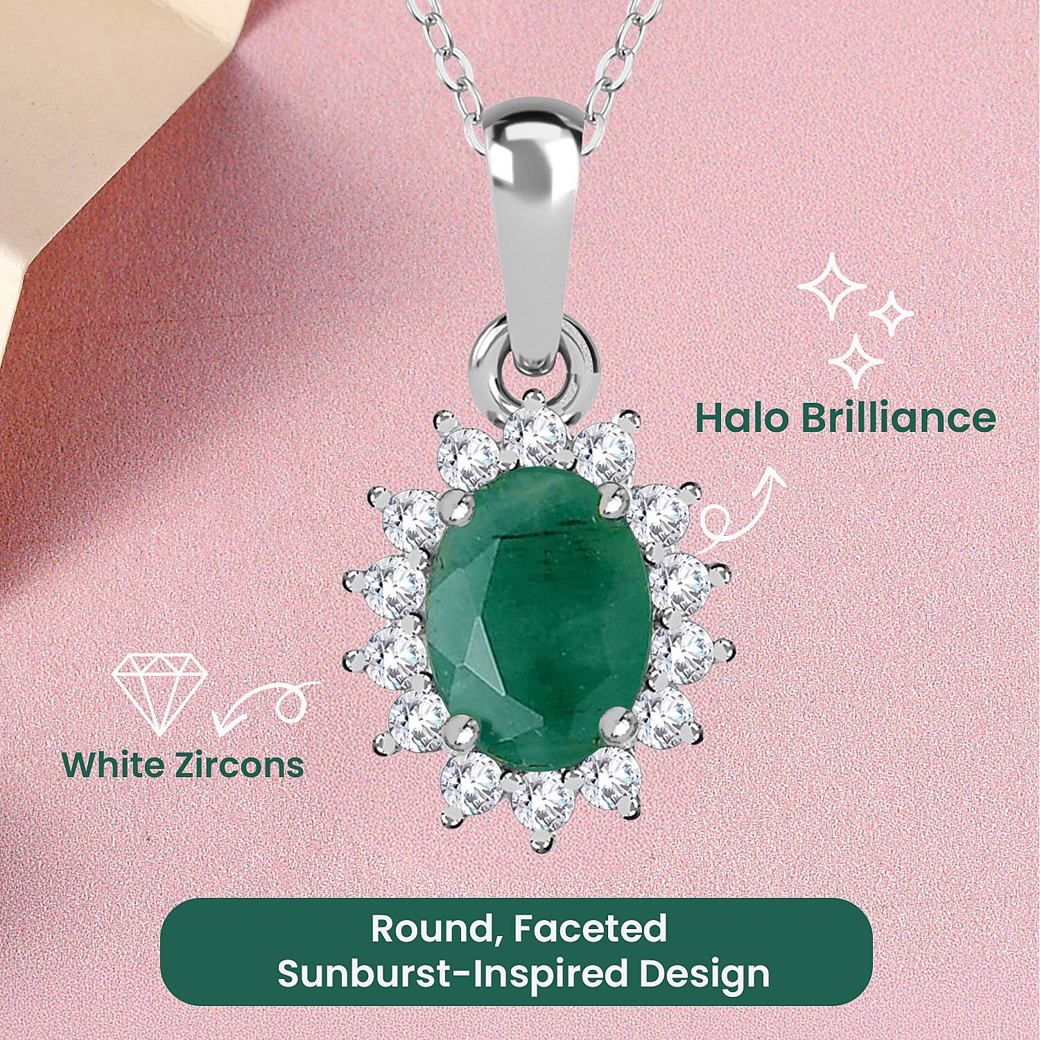 Socoto Emerald and Natural Zircon Halo Pendant with Chain (Size 20) in Platinum Overlay Sterling Silver 1.05 Ct