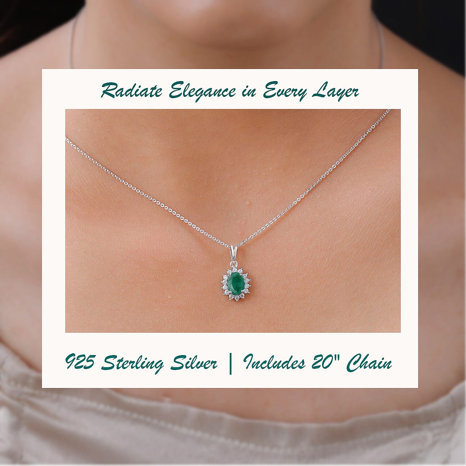 Socoto Emerald and Natural Zircon Halo Pendant with Chain (Size 20) in Platinum Overlay Sterling Silver 1.05 Ct