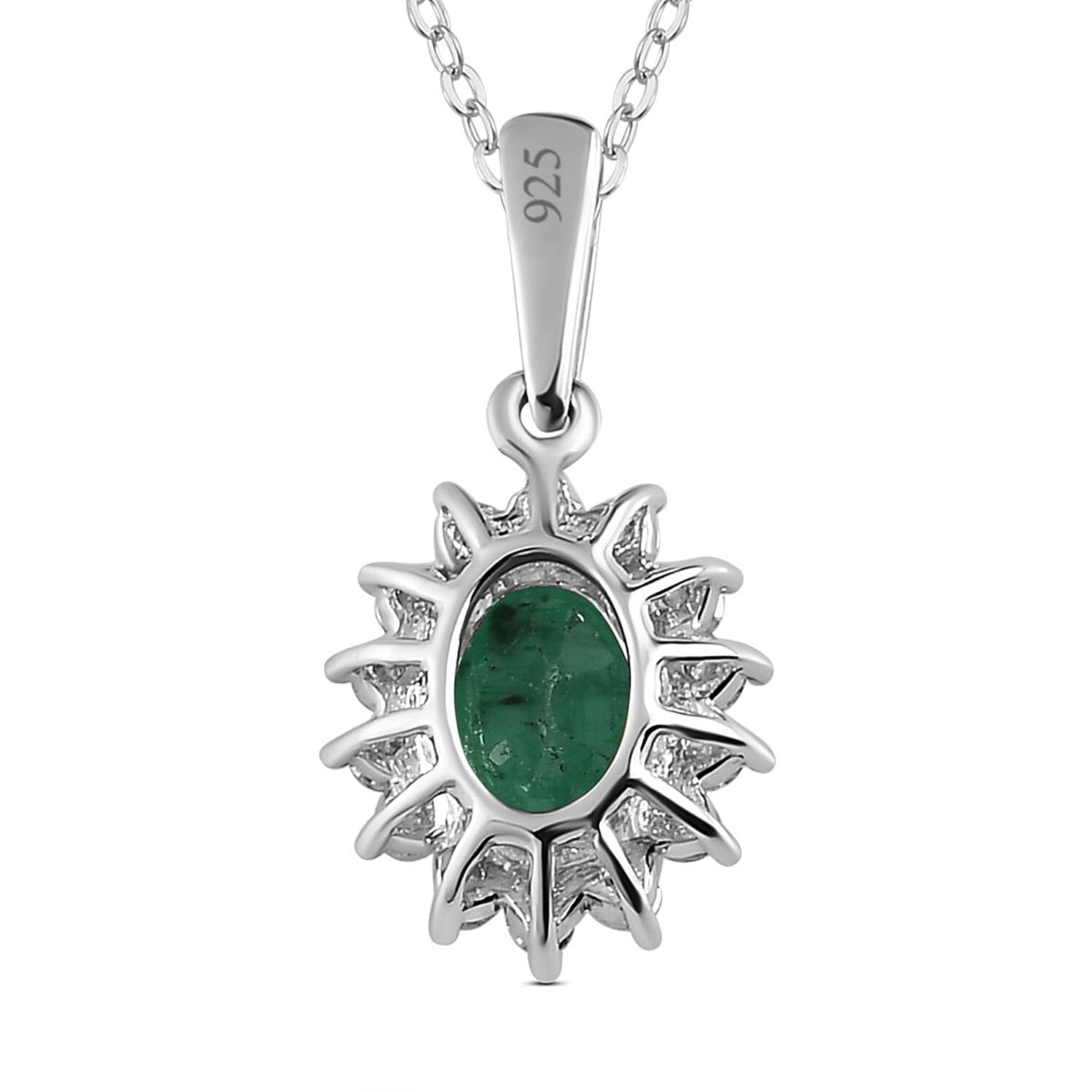 Socoto Emerald and Natural Zircon Halo Pendant with Chain (Size 20) in Platinum Overlay Sterling Silver 1.05 Ct