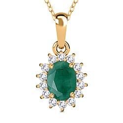 Ethiopian Welo Opal October Birthstone and Natural Zircon Halo Pendant with Chain (Size-20) in 18K Vermeil Yellow Gold Plated Sterling Silver