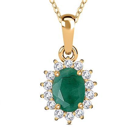 Emerald May Birthstone and Natural Zircon Halo Pendant with Chain (Size 20) in 18K Yellow Gold Vermeil Plated Sterling Silver