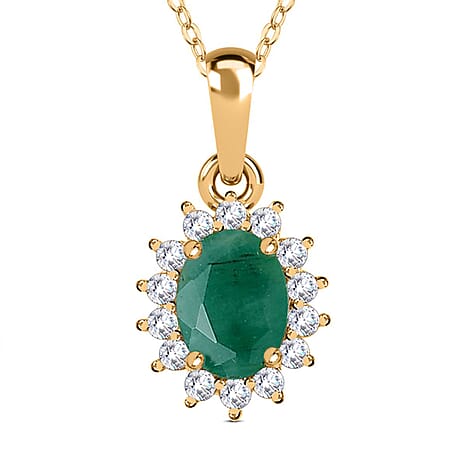 Emerald and Natural Zircon Halo Pendant with Chain (Size 20) in 18K Yellow Gold Vermeil Plated Sterling Silver 1.03 Ct