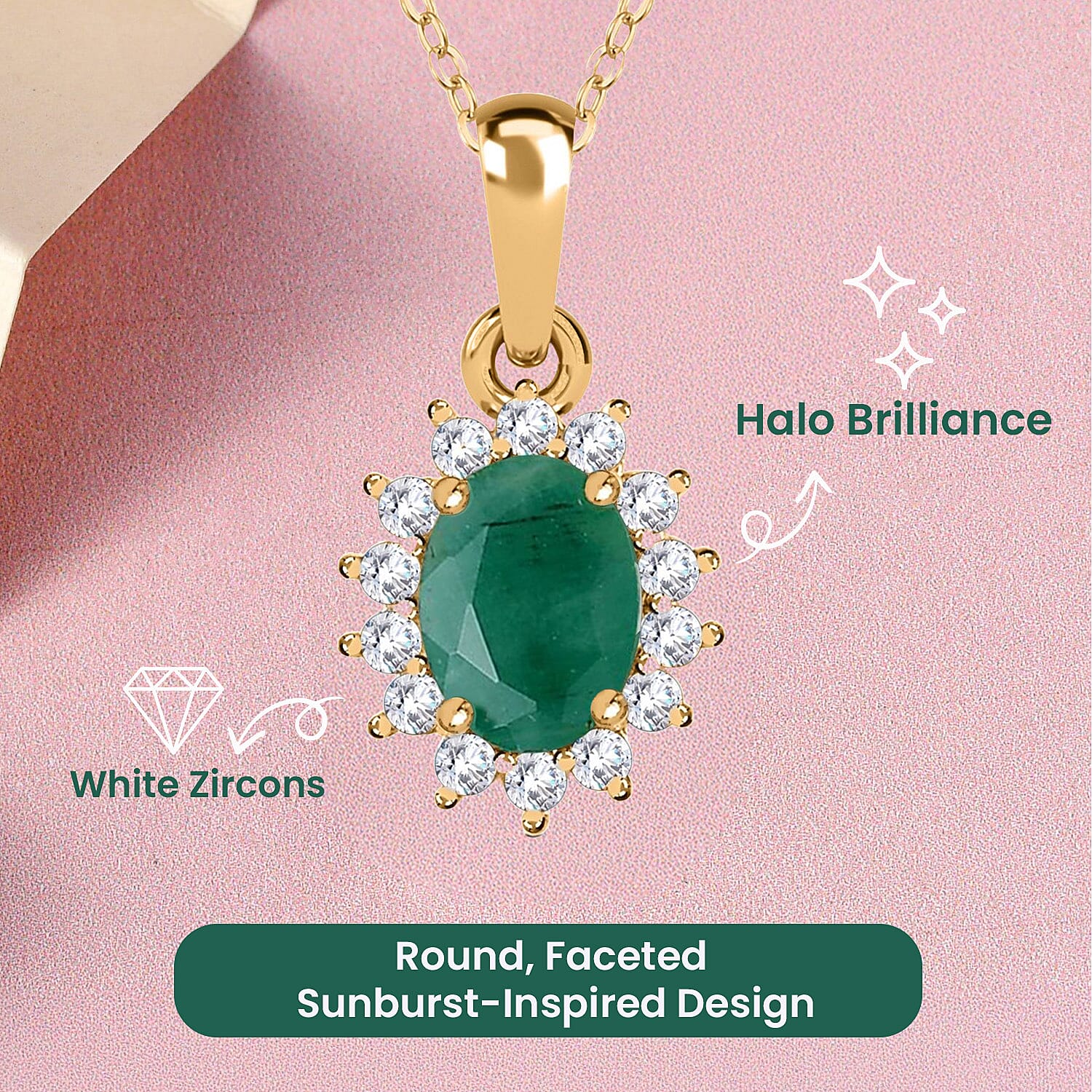Emerald and Natural Zircon Halo Pendant with Chain (Size 20) in 18K Yellow Gold Vermeil Plated Sterling Silver 1.03 Ct