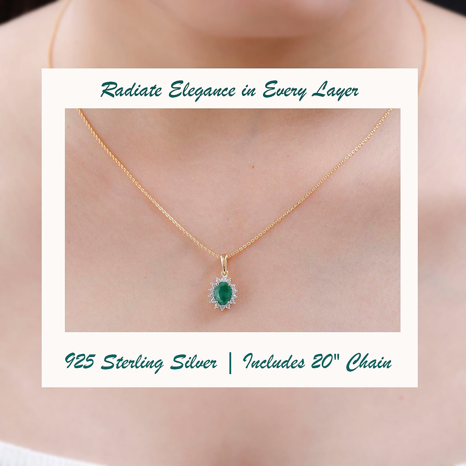 Emerald and Natural Zircon Halo Pendant with Chain (Size 20) in 18K Yellow Gold Vermeil Plated Sterling Silver 1.03 Ct