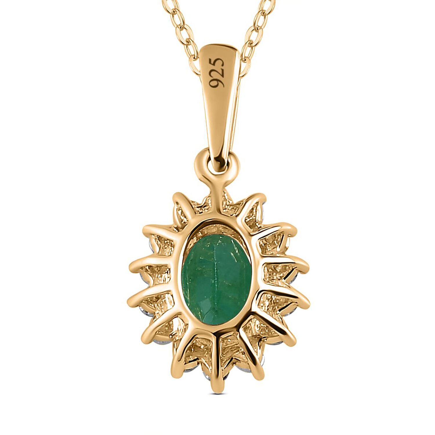 Emerald and Natural Zircon Halo Pendant with Chain (Size 20) in 18K Yellow Gold Vermeil Plated Sterling Silver 1.03 Ct