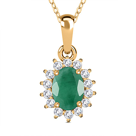 Emerald and Natural Zircon Halo Pendant with Chain (Size 20) in 18K Yellow Gold Vermeil Plated Sterling Silver 1.03 Ct