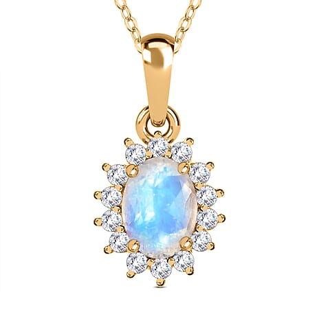 Rainbow Moonstone and Natural Zircon Halo Pendant with Chain (Size - 20) in 18K Vermeil Yellow Gold Plated Sterling Silver