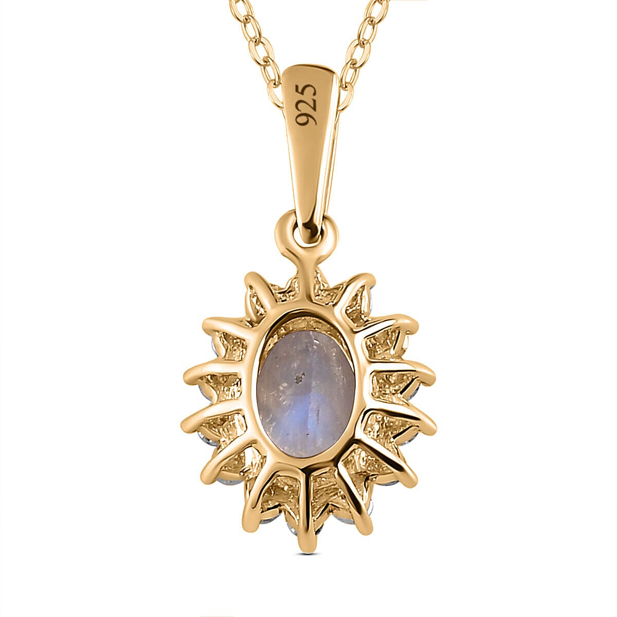 Rainbow Moonstone and Natural Zircon Halo Pendant with Chain (Size - 20) in 18K Vermeil Yellow Gold Plated Sterling Silver Rainbow Moonstone and Natural Zircon Halo Pendant with Chain (Size - 20) in 18K Vermeil Yellow Gold Plated Sterling Silver