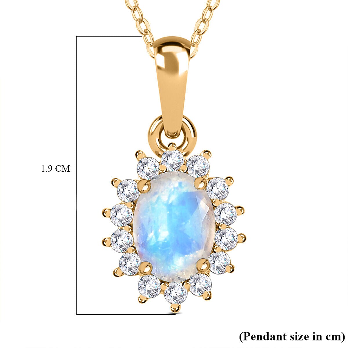 Rainbow Moonstone and Natural Zircon Halo Pendant with Chain (Size - 20) in 18K Vermeil Yellow Gold Plated Sterling Silver Rainbow Moonstone and Natural Zircon Halo Pendant with Chain (Size - 20) in 18K Vermeil Yellow Gold Plated Sterling Silver
