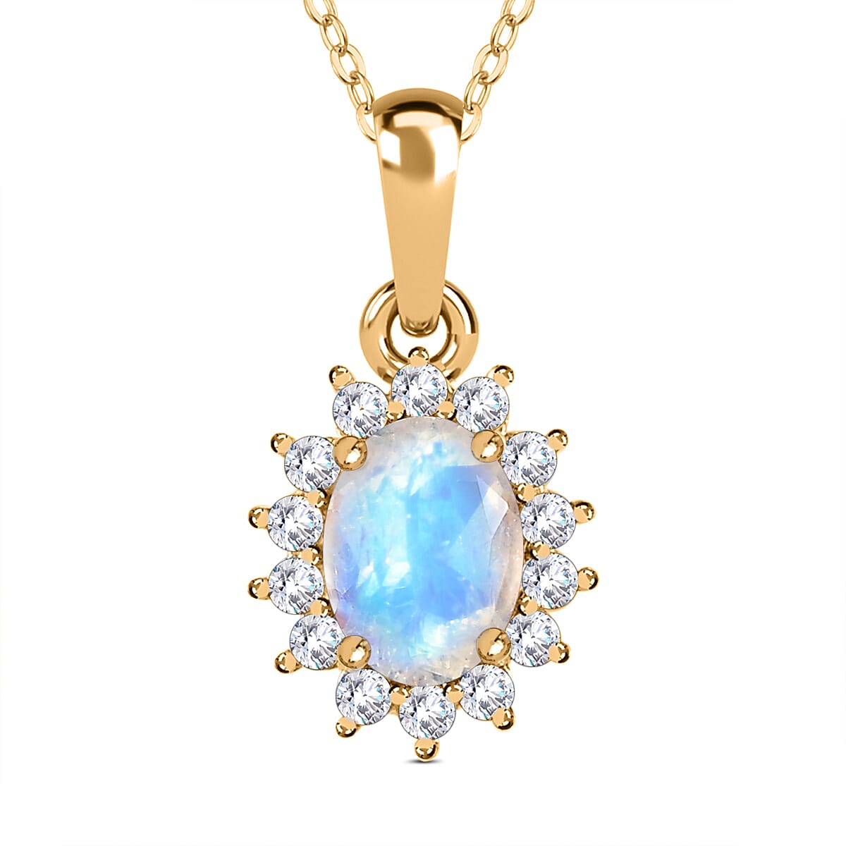 D'Joy - Rainbow Moonstone & Natural Zircon Halo Pendant with Chain (Size - 20) in 18K Vermeil Yellow Gold Plated Sterling Silver 1.00 Ct