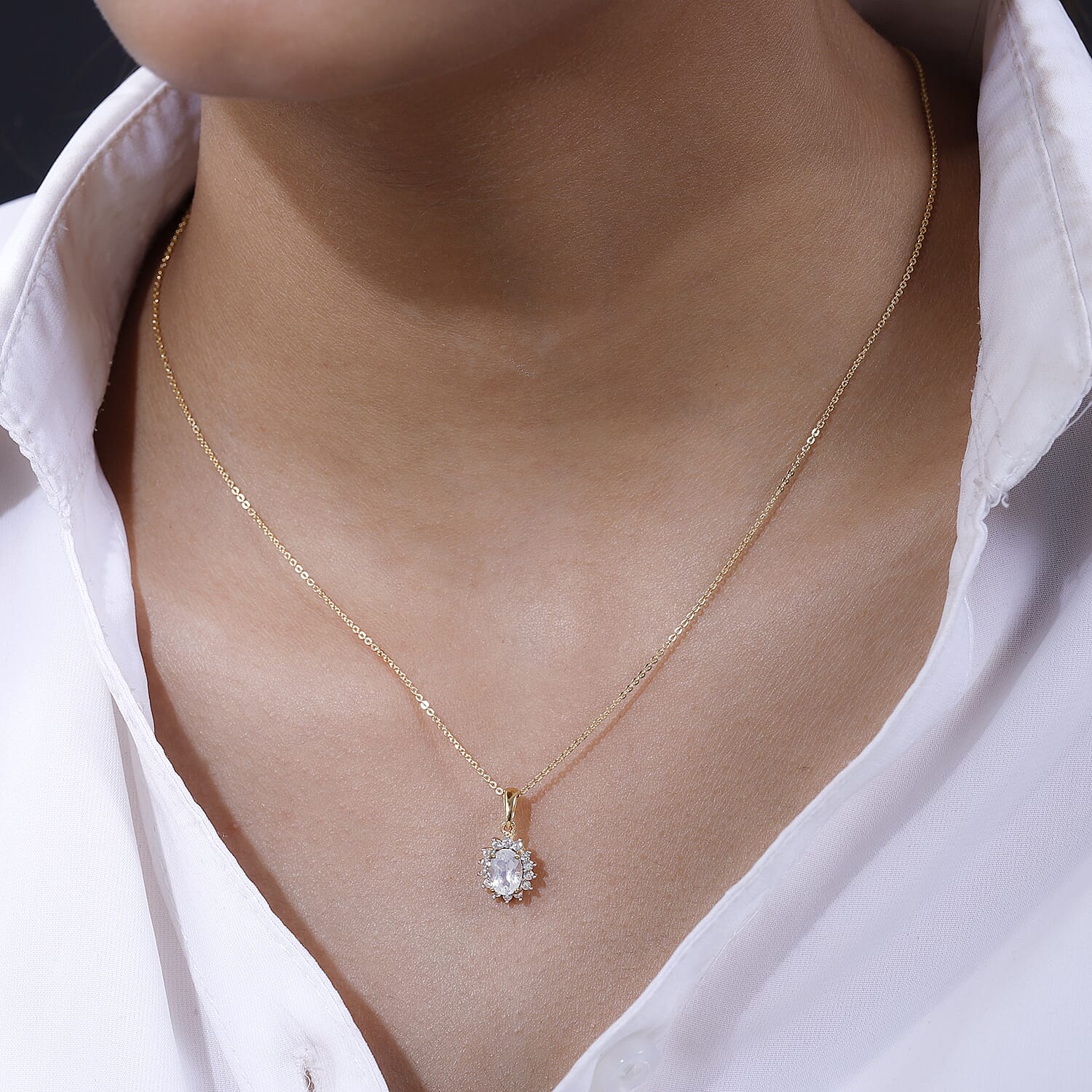 D'Joy - Rainbow Moonstone & Natural Zircon Halo Pendant with Chain (Size - 20) in 18K Vermeil Yellow Gold Plated Sterling Silver 1.00 Ct