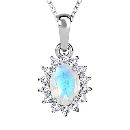 Rainbow Moonstone June Birthstone and Natural Zircon Halo Pendant with Chain (Size - 20) in Platinum Overlay Sterling Silver