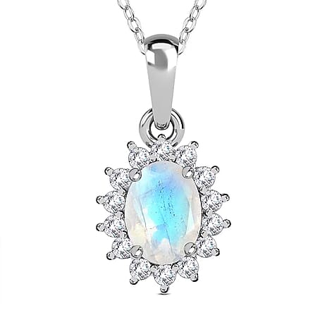 Rainbow Moonstone and Natural Zircon Halo Pendant with Chain (Size - 20) in Platinum Overlay Sterling Silver