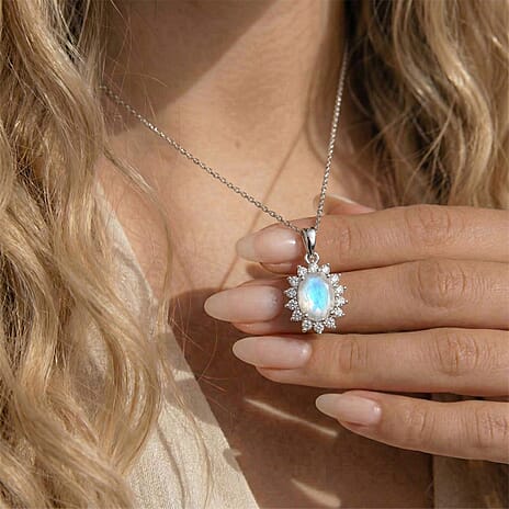 Rainbow Moonstone and Natural Zircon Halo Pendant with Chain (Size - 20) in Platinum Overlay Sterling Silver