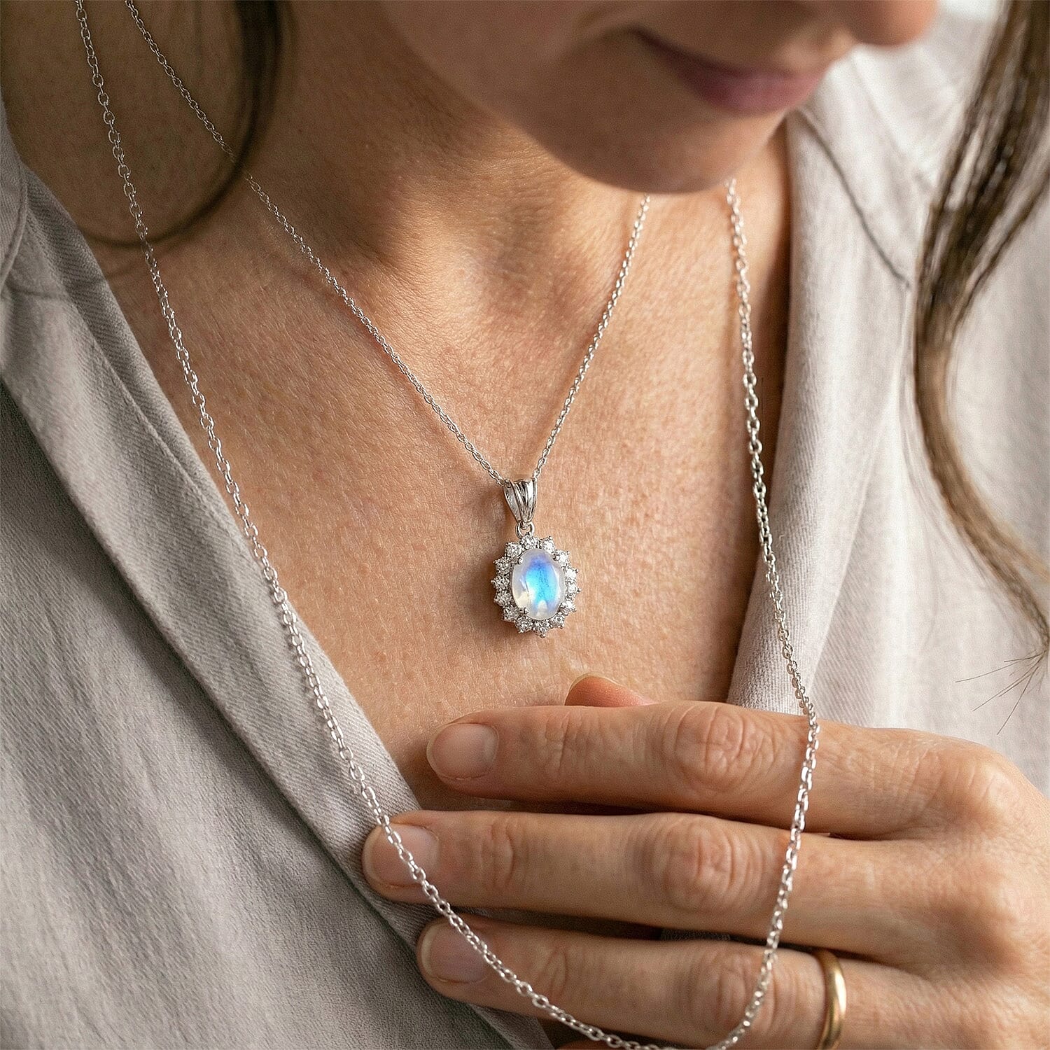 Rainbow Moonstone and Natural Zircon Halo Pendant with Chain (Size - 20) in Platinum Overlay Sterling Silver