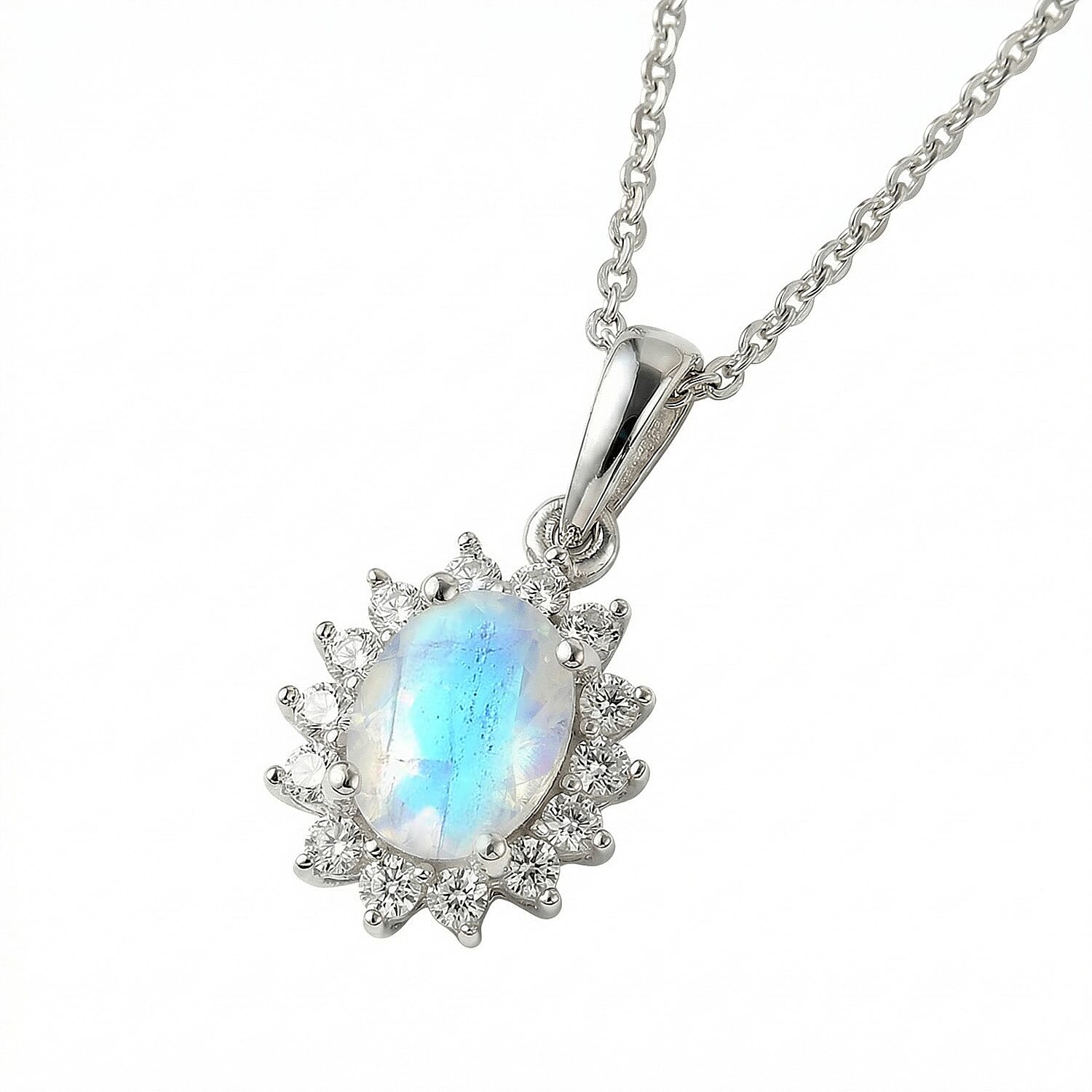Rainbow Moonstone and Natural Zircon Halo Pendant with Chain (Size - 20) in Platinum Overlay Sterling Silver