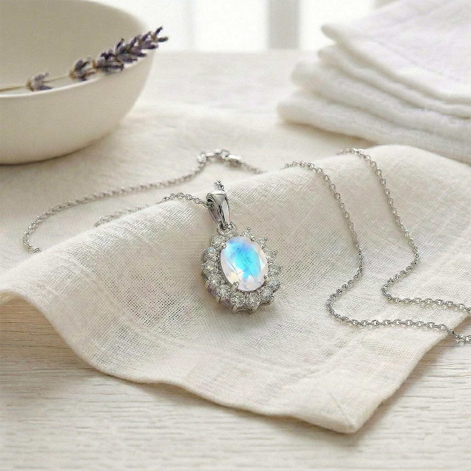 Rainbow Moonstone and Natural Zircon Halo Pendant with Chain (Size - 20) in Platinum Overlay Sterling Silver