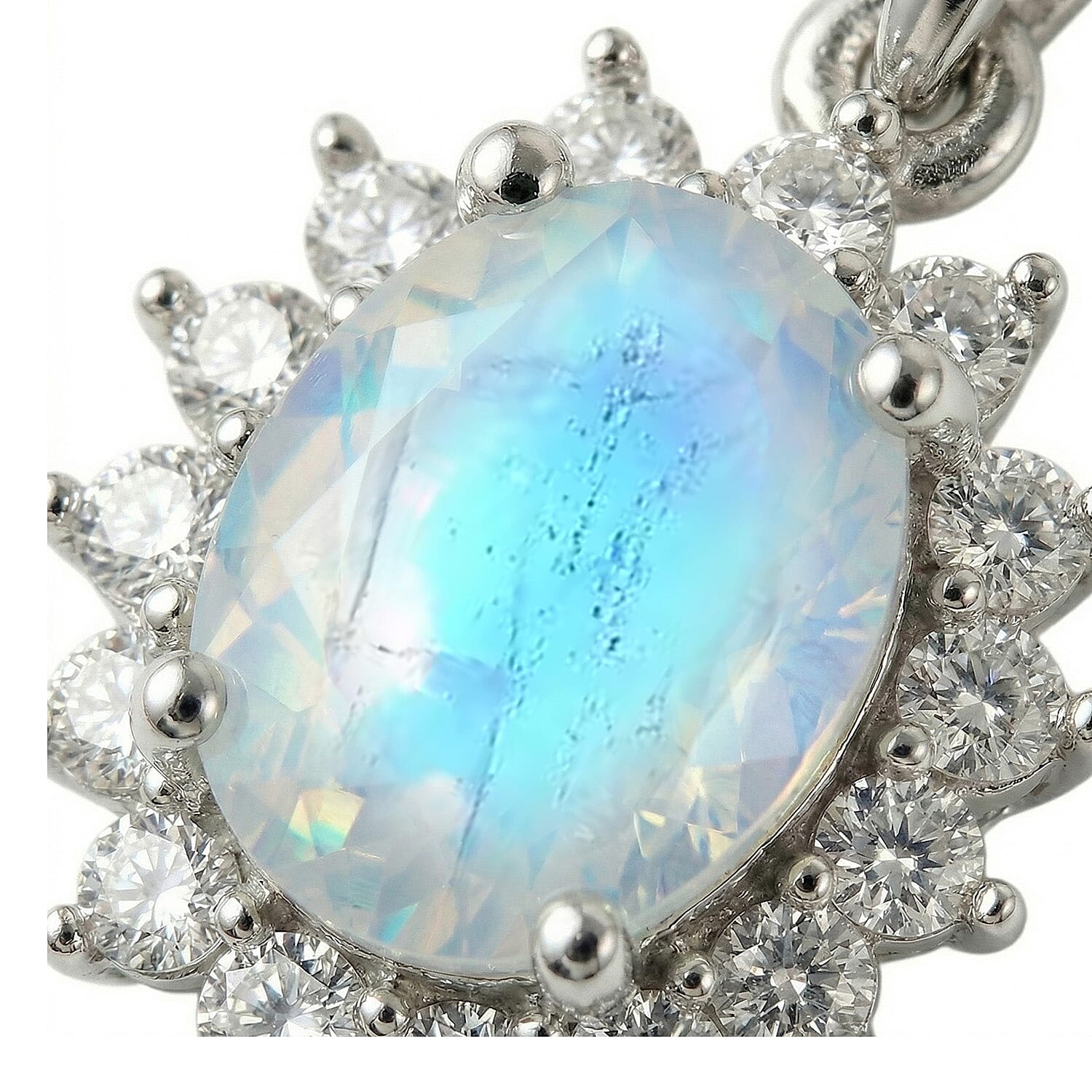 Rainbow Moonstone and Natural Zircon Halo Pendant with Chain (Size - 20) in Platinum Overlay Sterling Silver