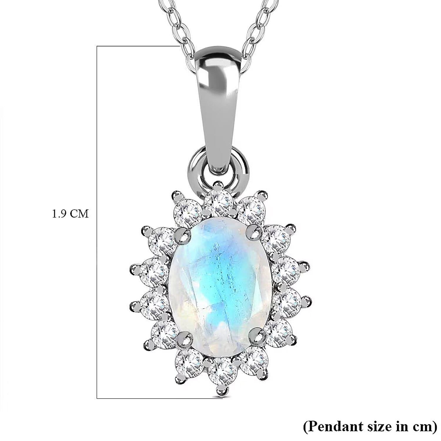Rainbow Moonstone and Natural Zircon Halo Pendant with Chain (Size - 20) in Platinum Overlay Sterling Silver