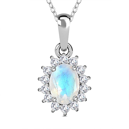 Rainbow Moonstone and Natural Zircon Halo Pendant with Chain (Size - 20) in Platinum Overlay Sterling Silver
