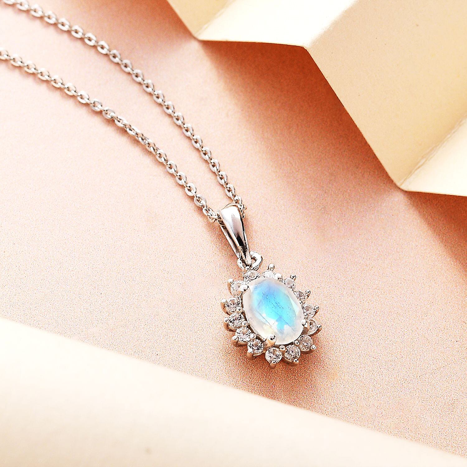 Rainbow Moonstone and Natural Zircon Halo Pendant with Chain (Size - 20) in Platinum Overlay Sterling Silver