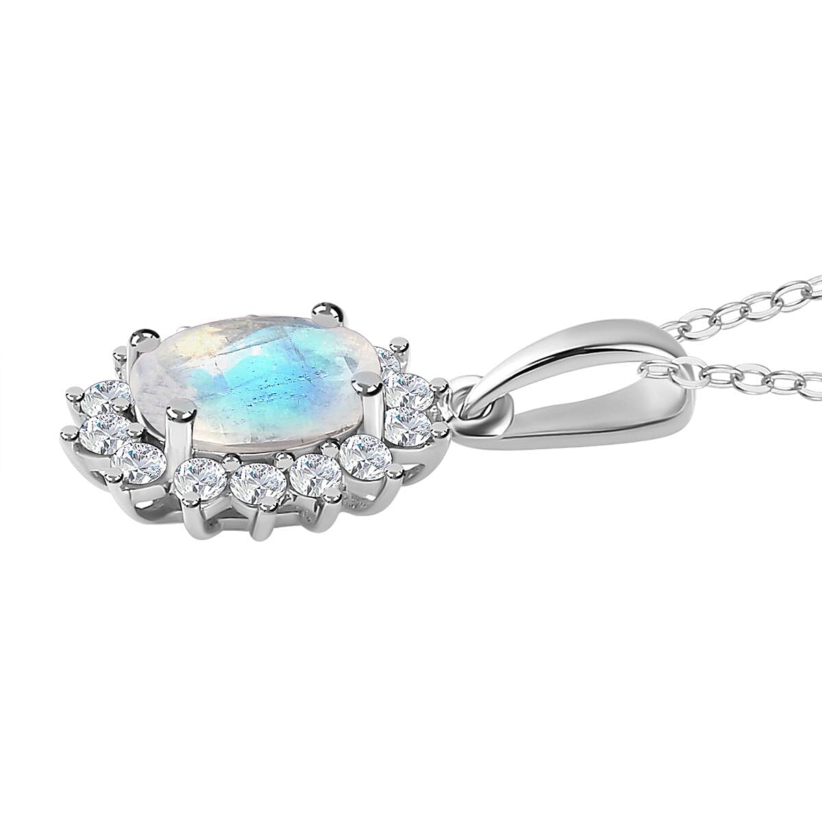 Rainbow Moonstone and Natural Zircon Halo Pendant with Chain (Size - 20) in Platinum Overlay Sterling Silver