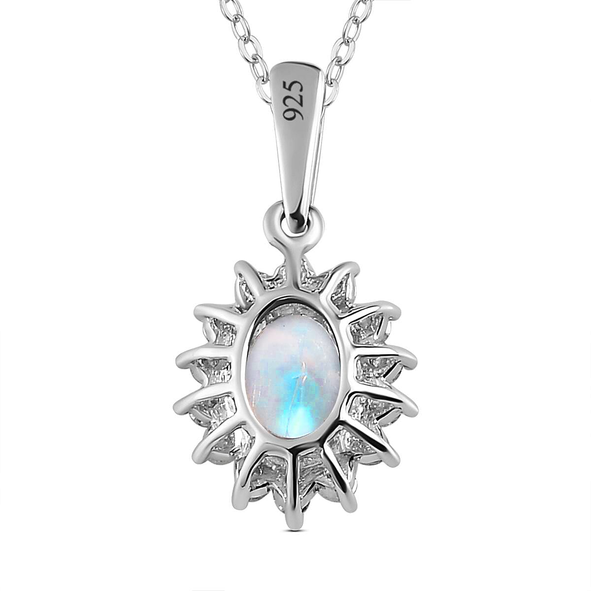 Rainbow Moonstone and Natural Zircon Halo Pendant with Chain (Size - 20) in Platinum Overlay Sterling Silver