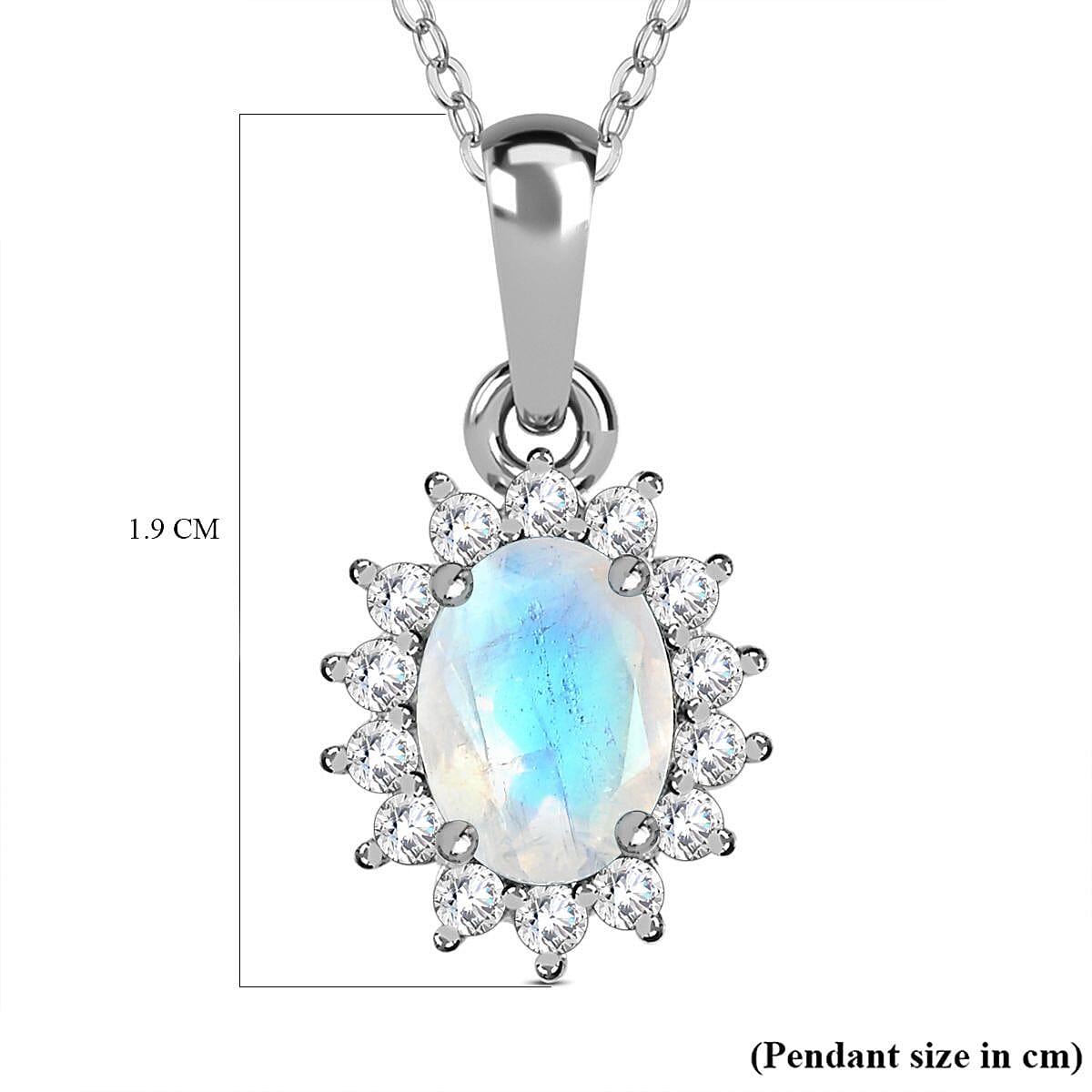 Rainbow Moonstone and Natural Zircon Halo Pendant with Chain (Size - 20) in Platinum Overlay Sterling Silver