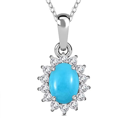 Arizona Sleeping Beauty Turquoise December Birthstone and Natural Zircon Pendant with Chain (Size - 20) in Platinum Overlay Sterling Silver