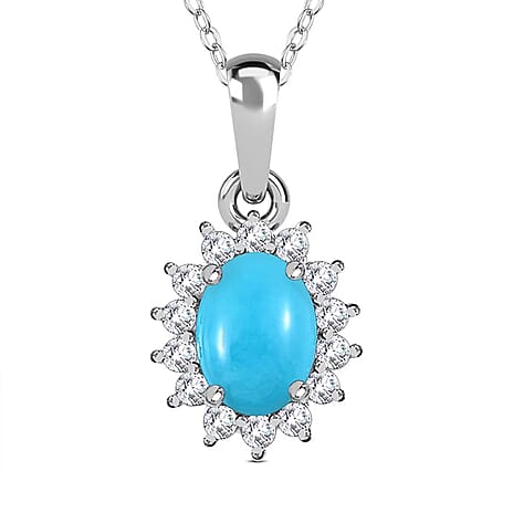 Arizona Sleeping Beauty Turquoise and Natural Cambodian Zircon Pendant with Chain (Size - 20) in Platinum Overlay Sterling Silver 0.99 Ct.