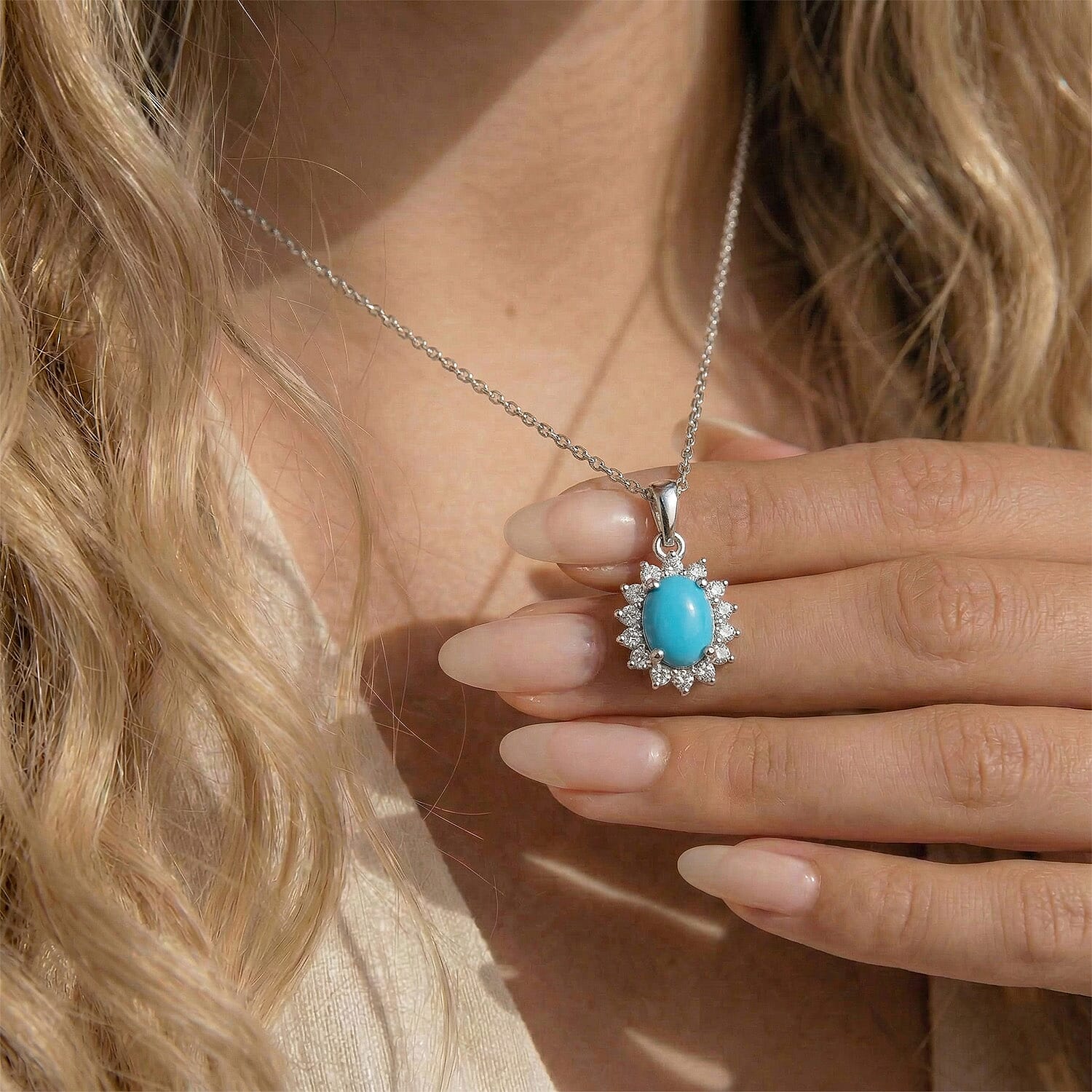 Arizona Sleeping Beauty Turquoise and Natural Cambodian Zircon Pendant with Chain (Size - 20) in Platinum Overlay Sterling Silver 0.99 Ct.