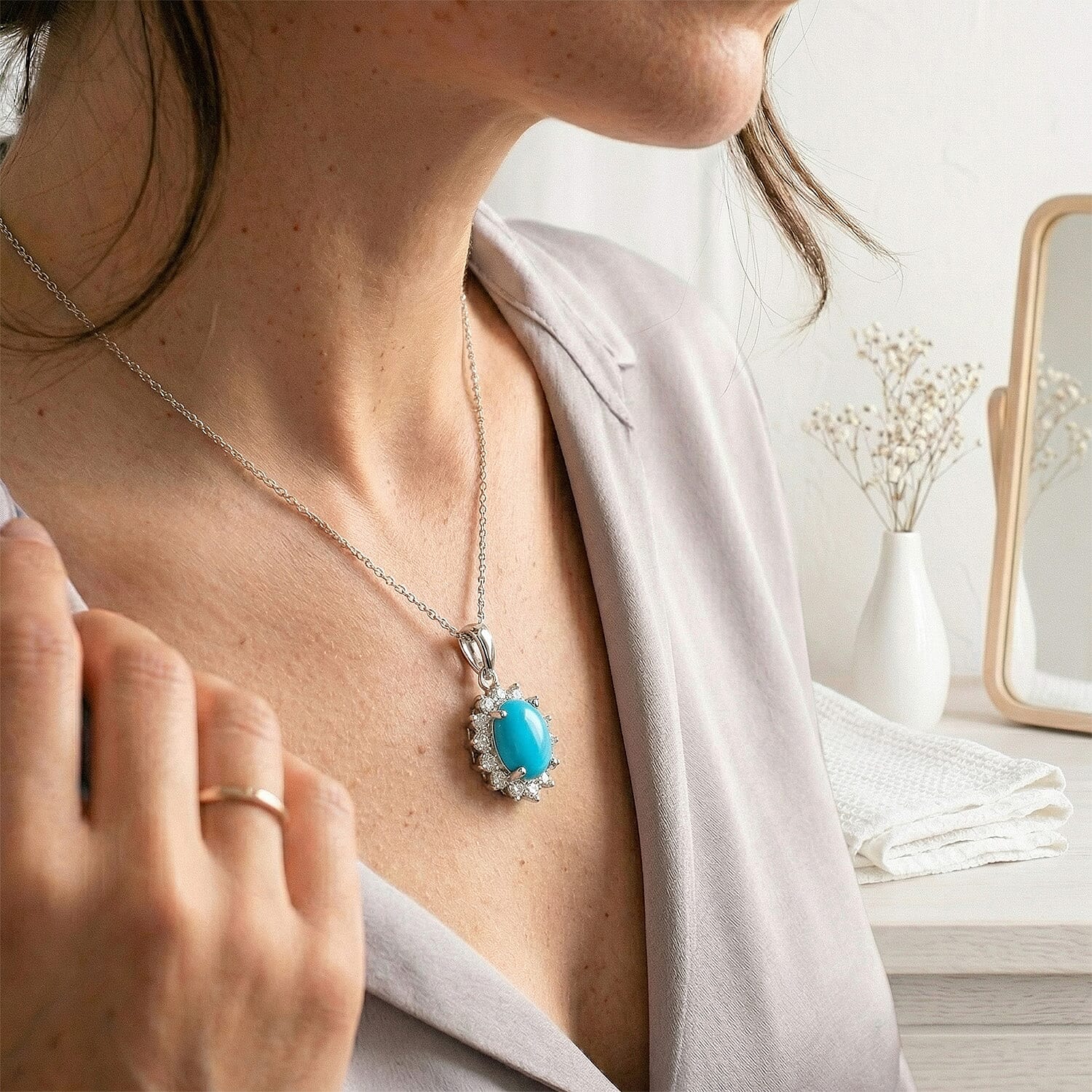 Arizona Sleeping Beauty Turquoise and Natural Cambodian Zircon Pendant with Chain (Size - 20) in Platinum Overlay Sterling Silver 0.99 Ct.