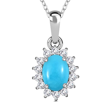 Arizona Sleeping Beauty Turquoise and Natural Cambodian Zircon Pendant with Chain (Size - 20) in Platinum Overlay Sterling Silver 0.99 Ct.