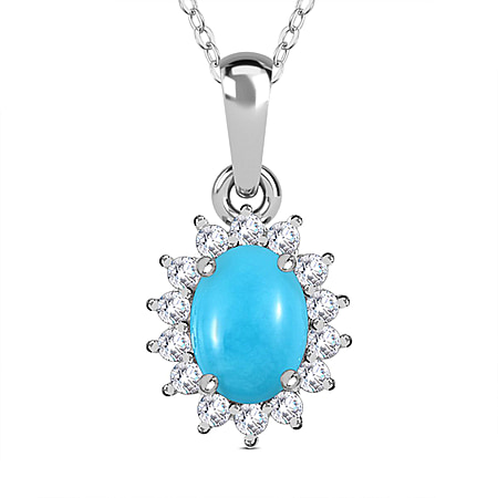 Arizona Sleeping Beauty Turquoise and Natural Cambodian Zircon Pendant with Chain (Size - 20) in Platinum Overlay Sterling Silver 0.99 Ct.