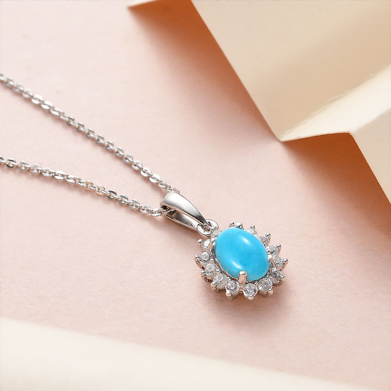 Arizona Sleeping Beauty Turquoise and Natural Cambodian Zircon Pendant with Chain (Size - 20) in Platinum Overlay Sterling Silver 0.99 Ct.