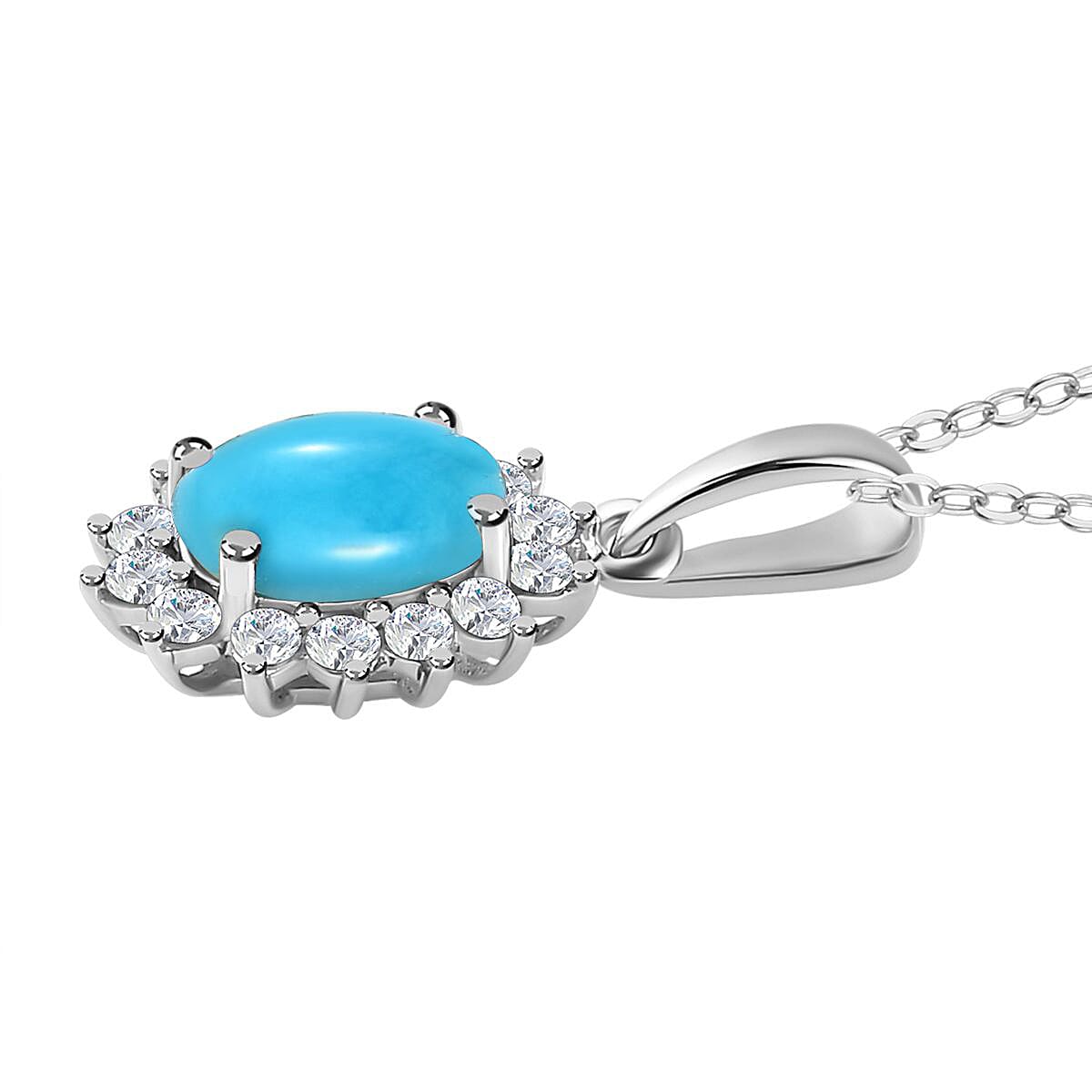 Arizona Sleeping Beauty Turquoise and Natural Cambodian Zircon Pendant with Chain (Size - 20) in Platinum Overlay Sterling Silver 0.99 Ct.