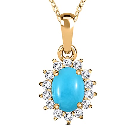 Arizona Sleeping Beauty Turquoise and Natural Cambodian Zircon Pendant with Chain (Size - 20) in 18K Vermeil Yellow Gold Plated Sterling Silver 0.99 Ct.