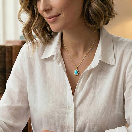 Arizona Sleeping Beauty Turquoise and Natural Cambodian Zircon Pendant with Chain (Size - 20) in 18K Vermeil Yellow Gold Plated Sterling Silver 0.99 Ct.