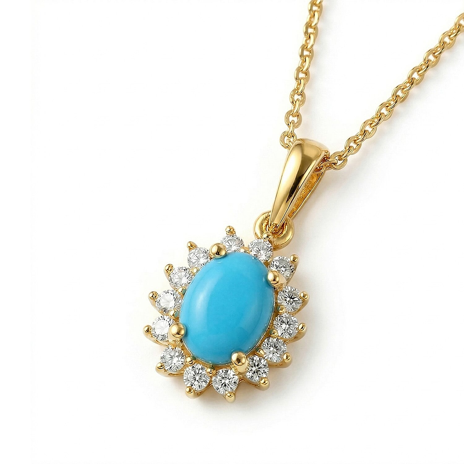 Arizona Sleeping Beauty Turquoise and Natural Cambodian Zircon Pendant with Chain (Size - 20) in 18K Vermeil Yellow Gold Plated Sterling Silver 0.99 Ct.