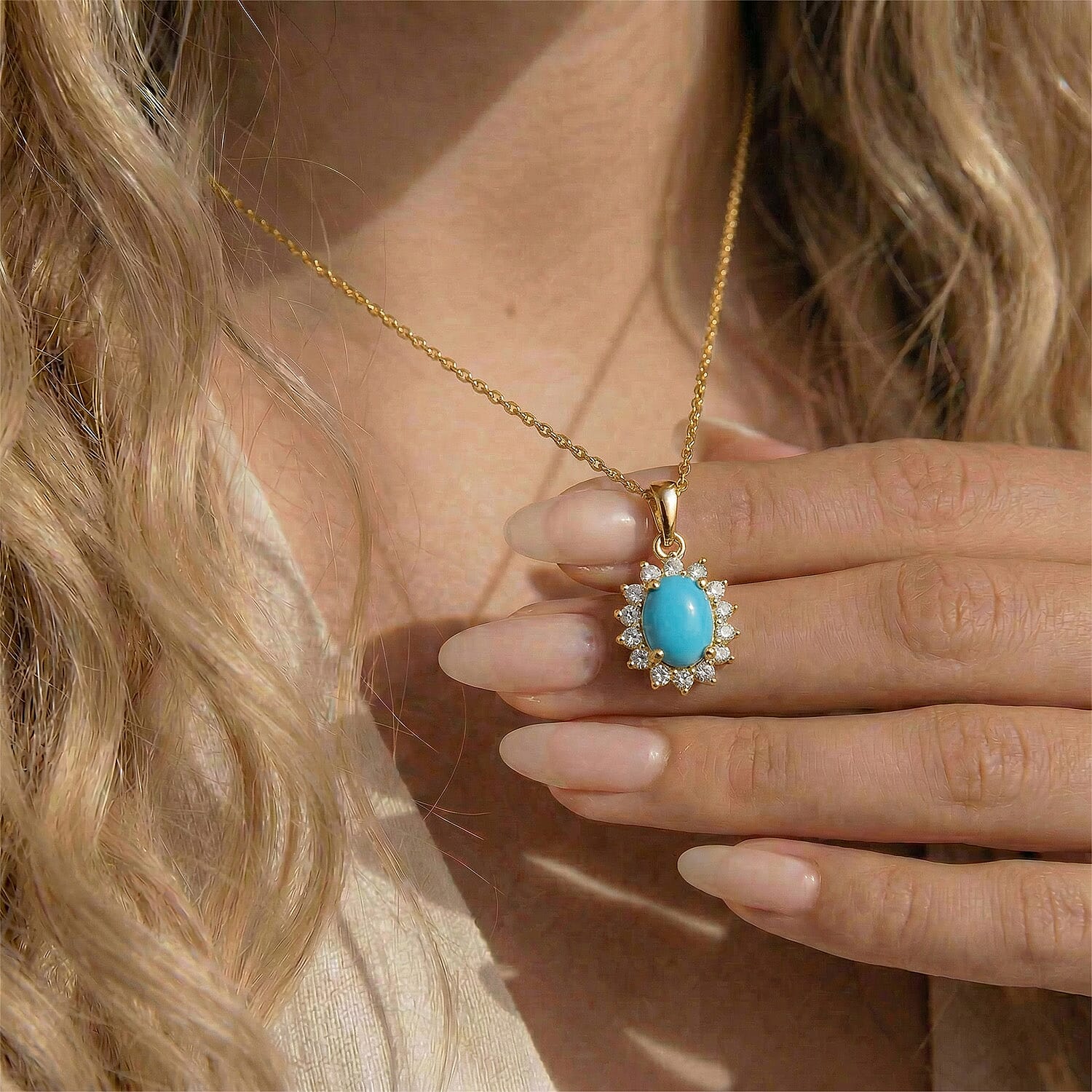 Arizona Sleeping Beauty Turquoise and Natural Cambodian Zircon Pendant with Chain (Size - 20) in 18K Vermeil Yellow Gold Plated Sterling Silver 0.99 Ct.