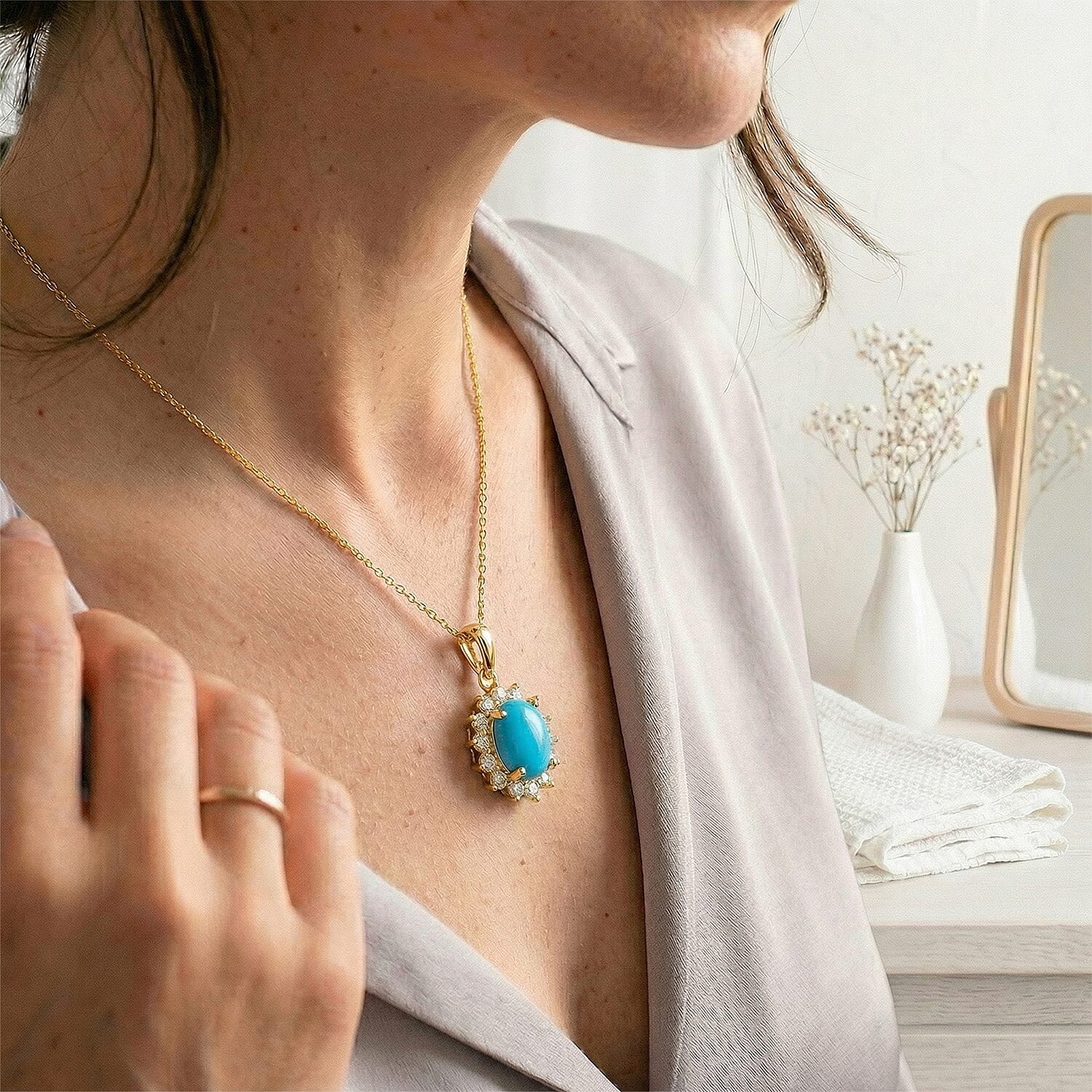 Arizona Sleeping Beauty Turquoise and Natural Cambodian Zircon Pendant with Chain (Size - 20) in 18K Vermeil Yellow Gold Plated Sterling Silver 0.99 Ct.