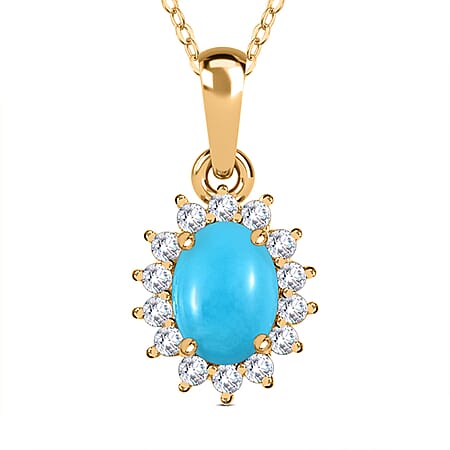 Arizona Sleeping Beauty Turquoise and Natural Cambodian Zircon Pendant with Chain (Size - 20) in 18K Vermeil Yellow Gold Plated Sterling Silver 0.99 Ct.