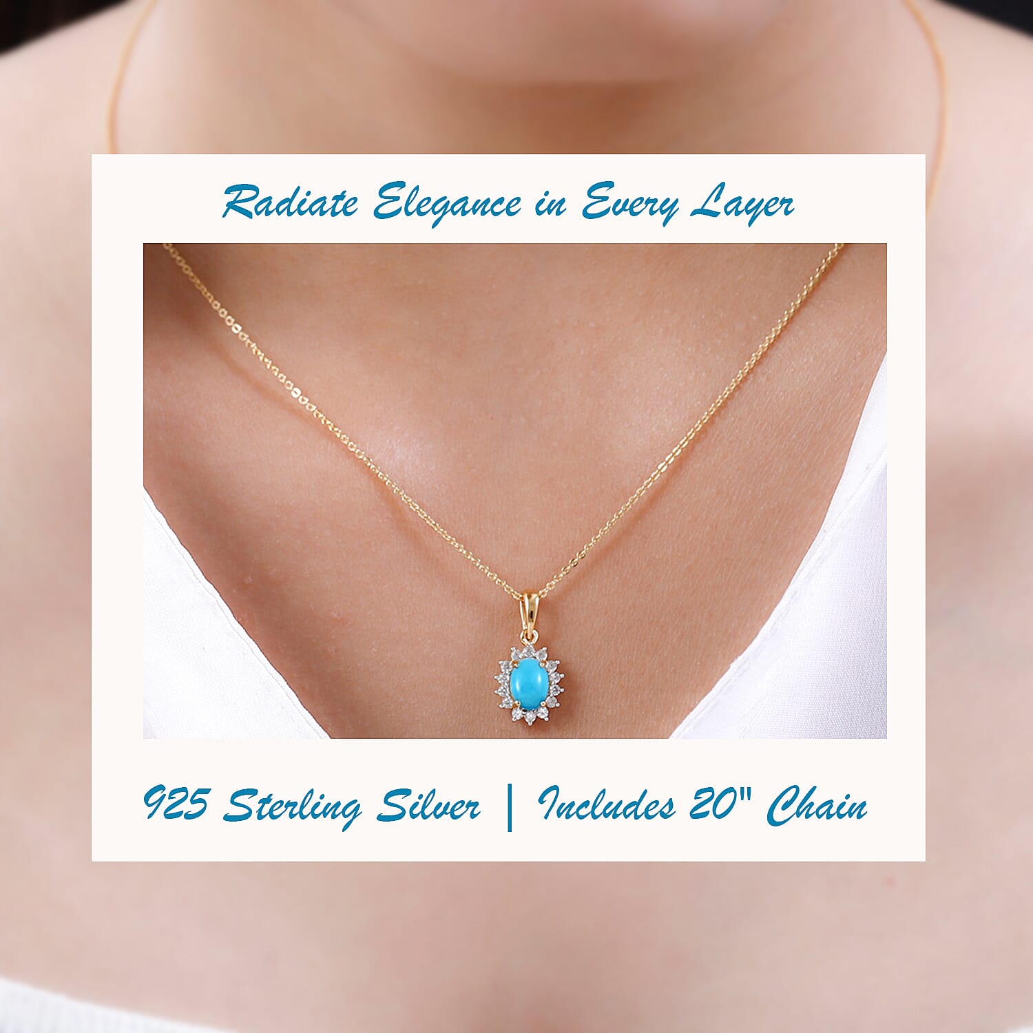 Arizona Sleeping Beauty Turquoise and Natural Cambodian Zircon Pendant with Chain (Size - 20) in 18K Vermeil Yellow Gold Plated Sterling Silver 0.99 Ct.