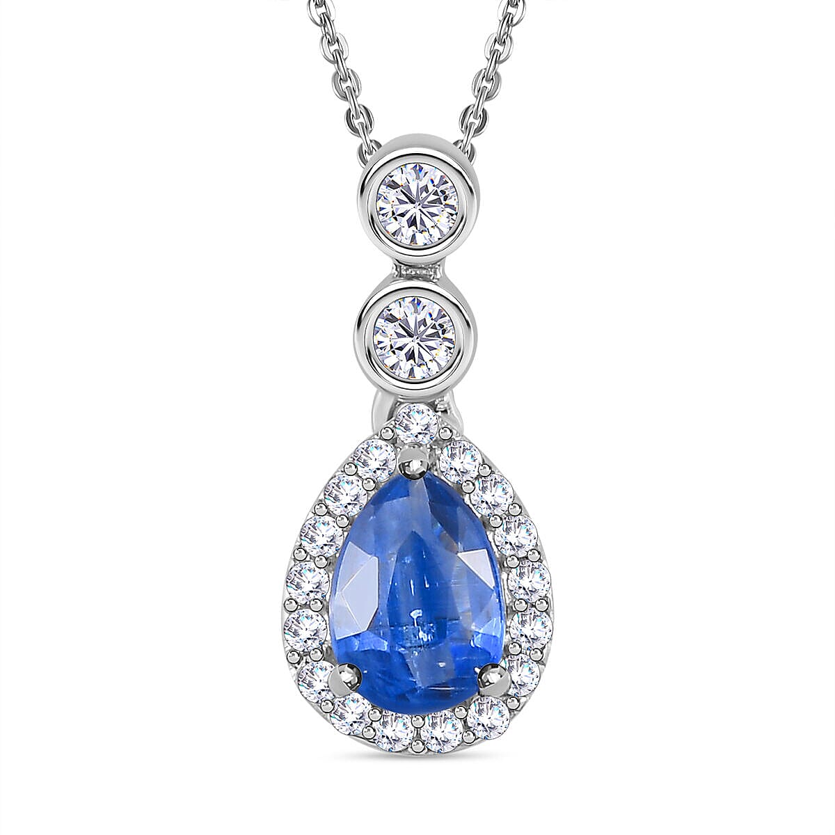 Natural Kashmir Blue Kyanite and Natural Zircon Drop Pendant with Chain (Size - 20) in Platinum Overlay Sterling Silver 1.15 Ct.