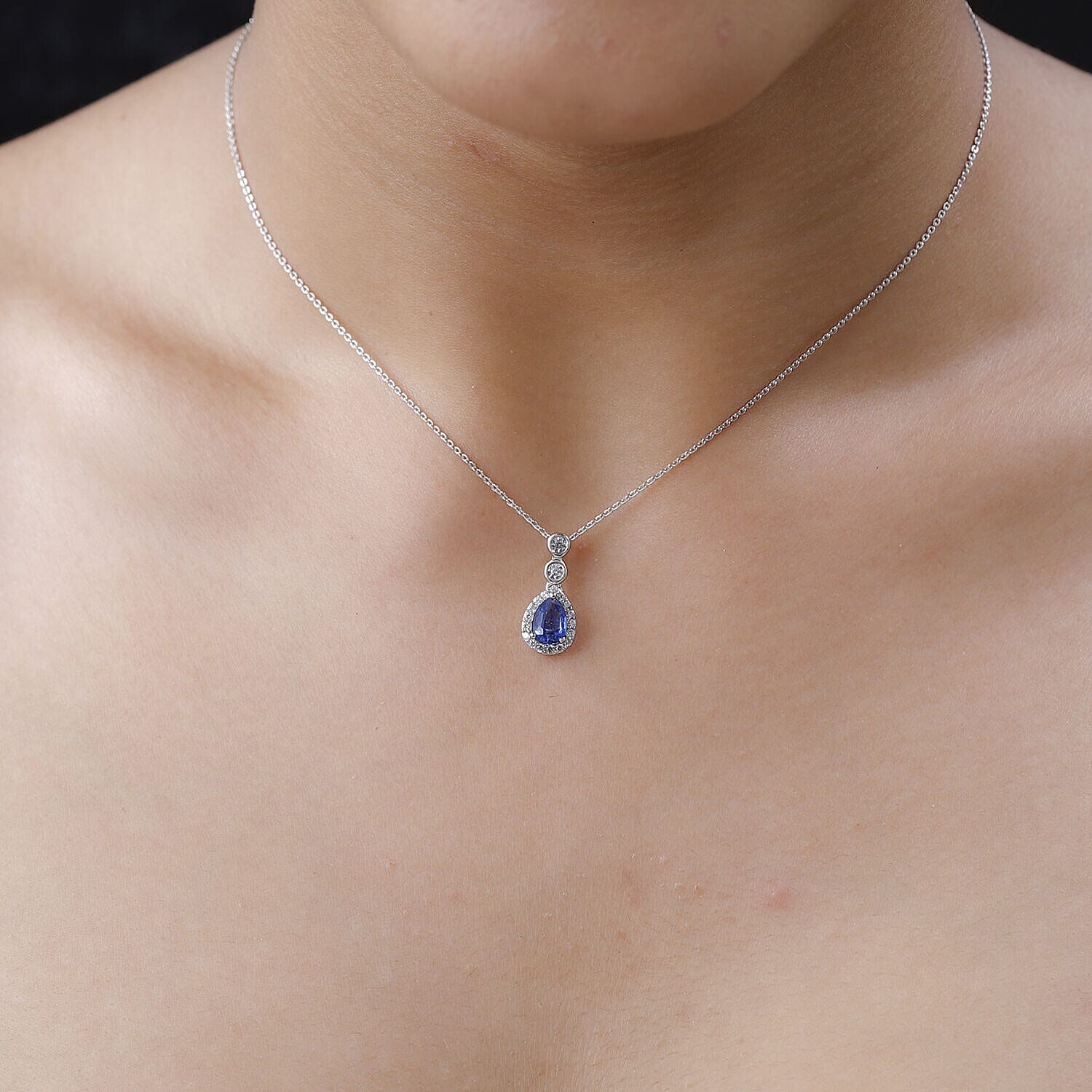 Natural Kashmir Blue Kyanite and Natural Zircon Drop Pendant with Chain (Size - 20) in Platinum Overlay Sterling Silver 1.15 Ct.